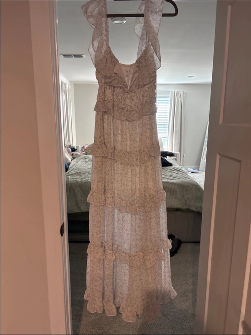 Cream Floral Ruffle Maxi Dress with Tiered Skirt
